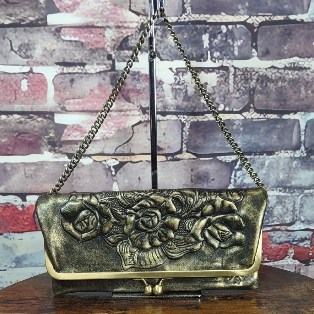 Patricia Nash "Black Gold Rose" Embossed Leather Folded Clutch Bag